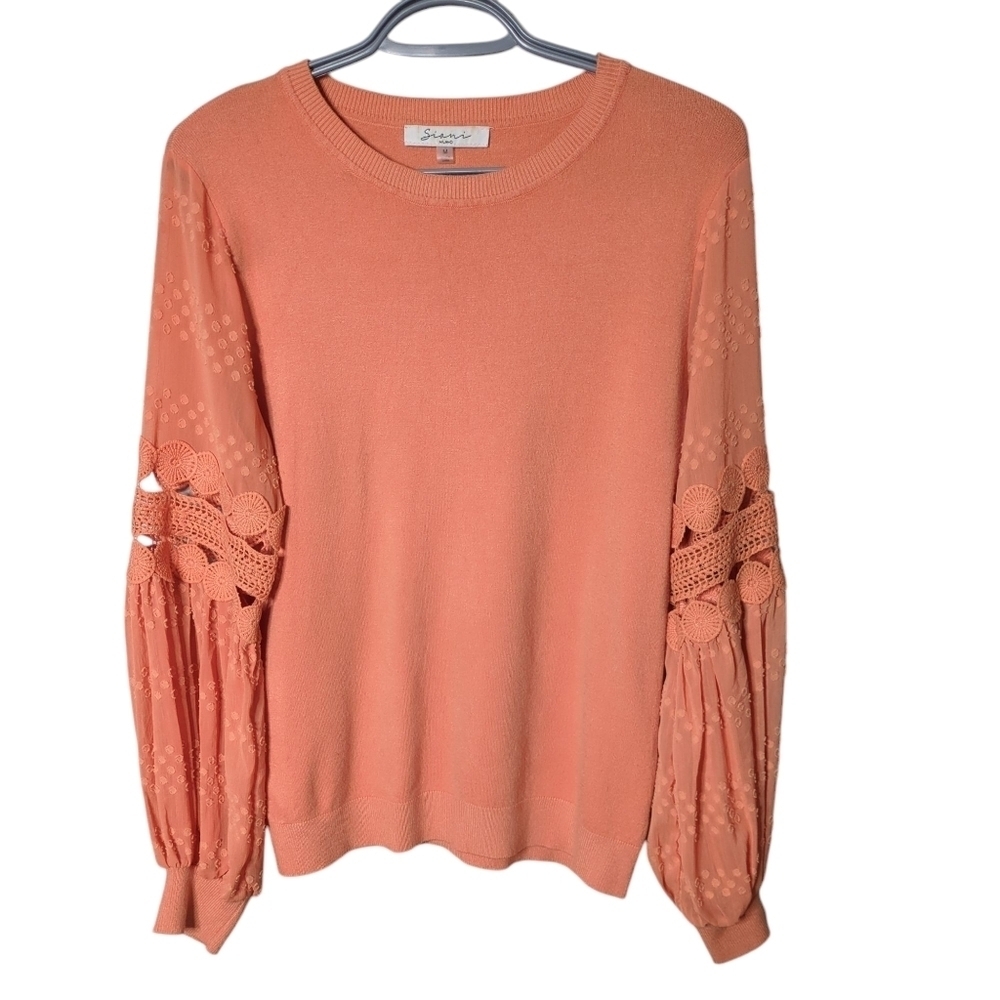 Sioni Sweater Lace Bubble Sleeve Orange Coquette Crew Neck Size Medium‎
